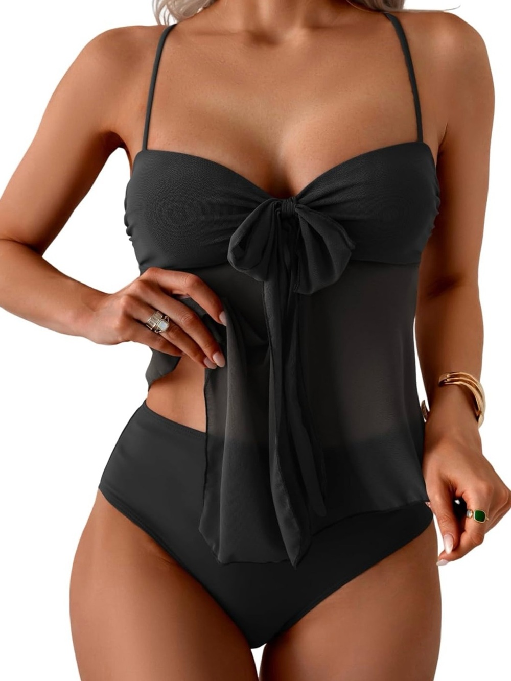 NWOT B2prity Flowy Black Mesh Tankini
Swimsuit 2Pc V-neck Tie Knot Women’s XL - Picture 4 of 8